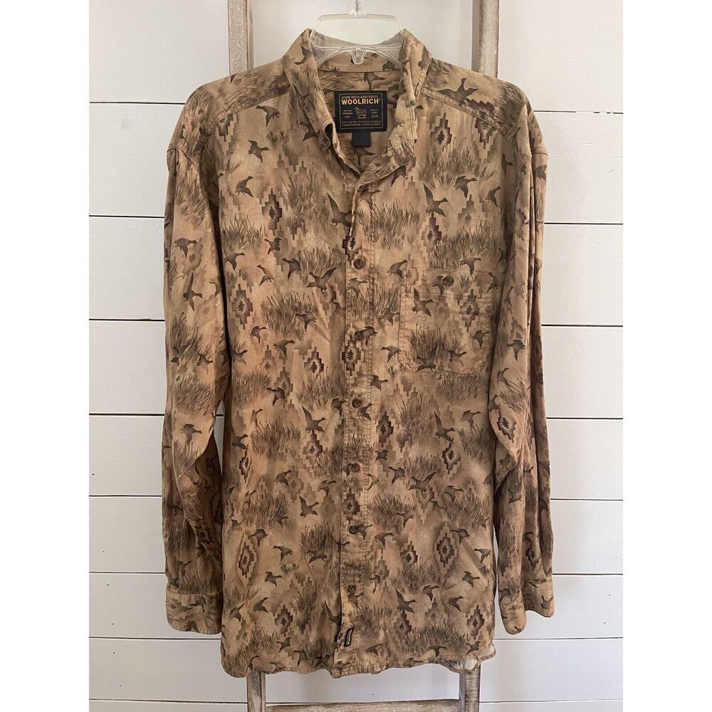 WOOLRICH Mens Long Sleeve Button Shirt Brown with ducks Soft Warm Tan XL